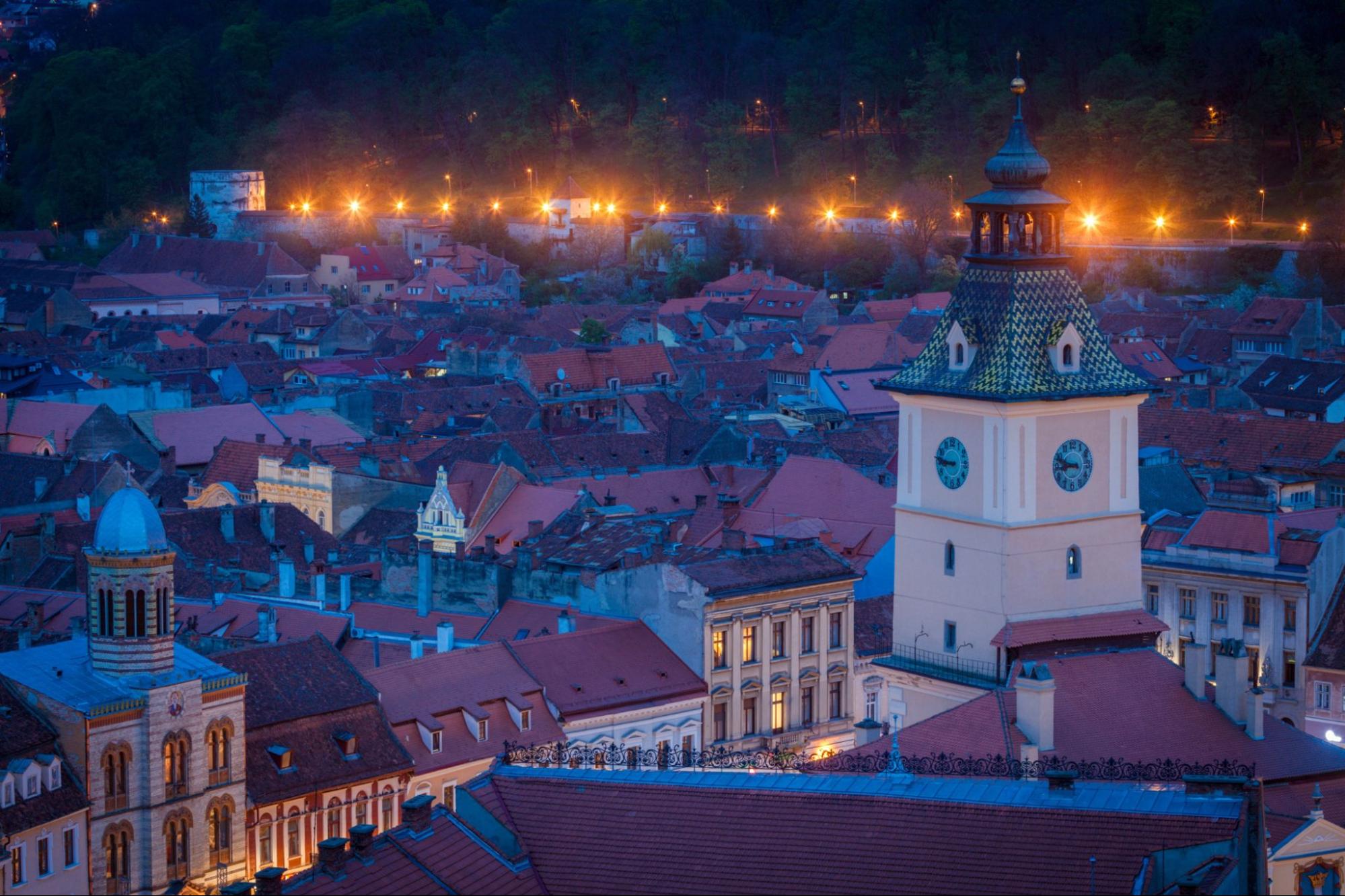 Architecture of Brasov at night. Brasov, Brasov County, Romania
