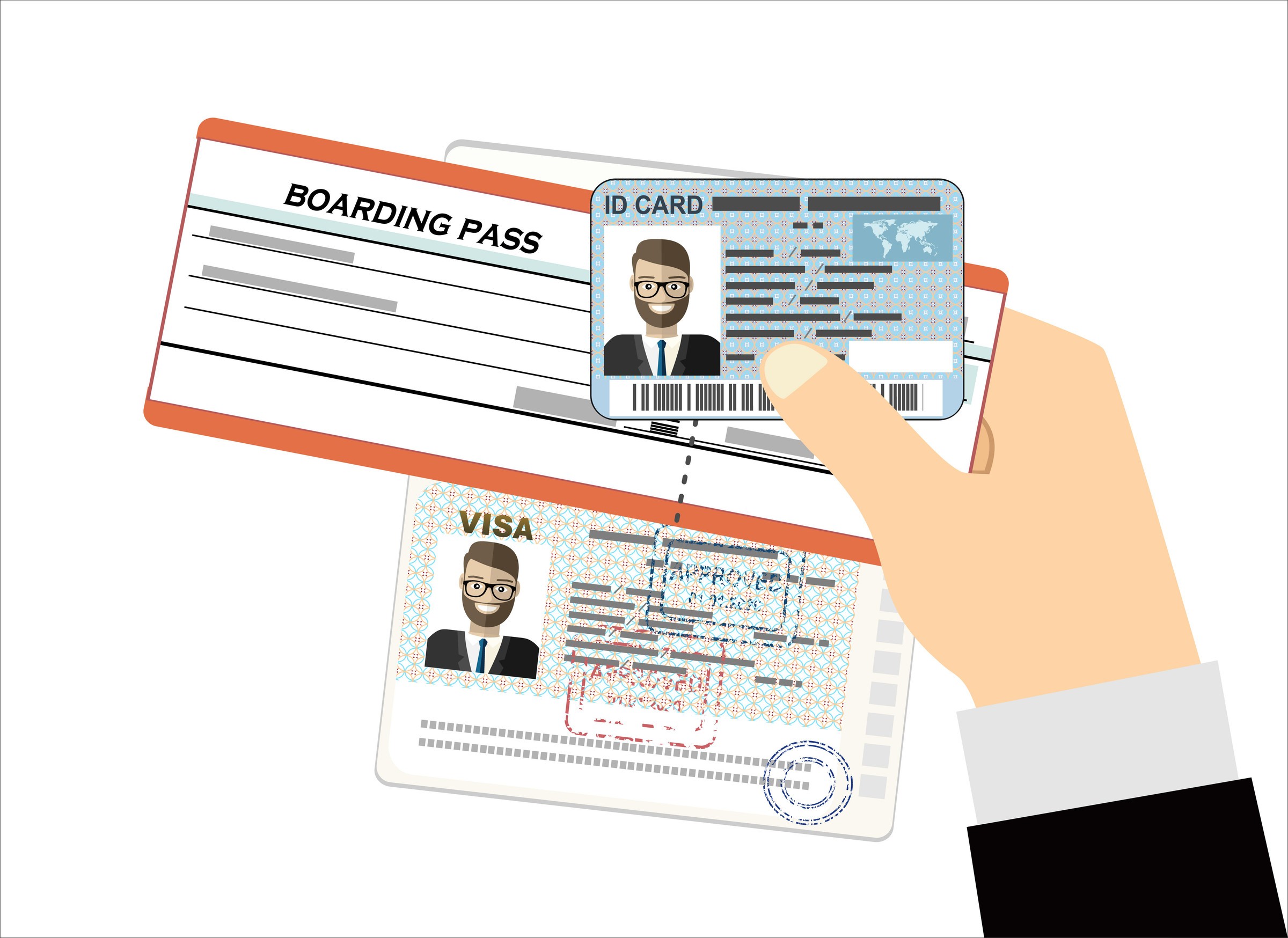 Businessman Hand Hold Passport With Visa Stamp Id Card And Boarding Pass