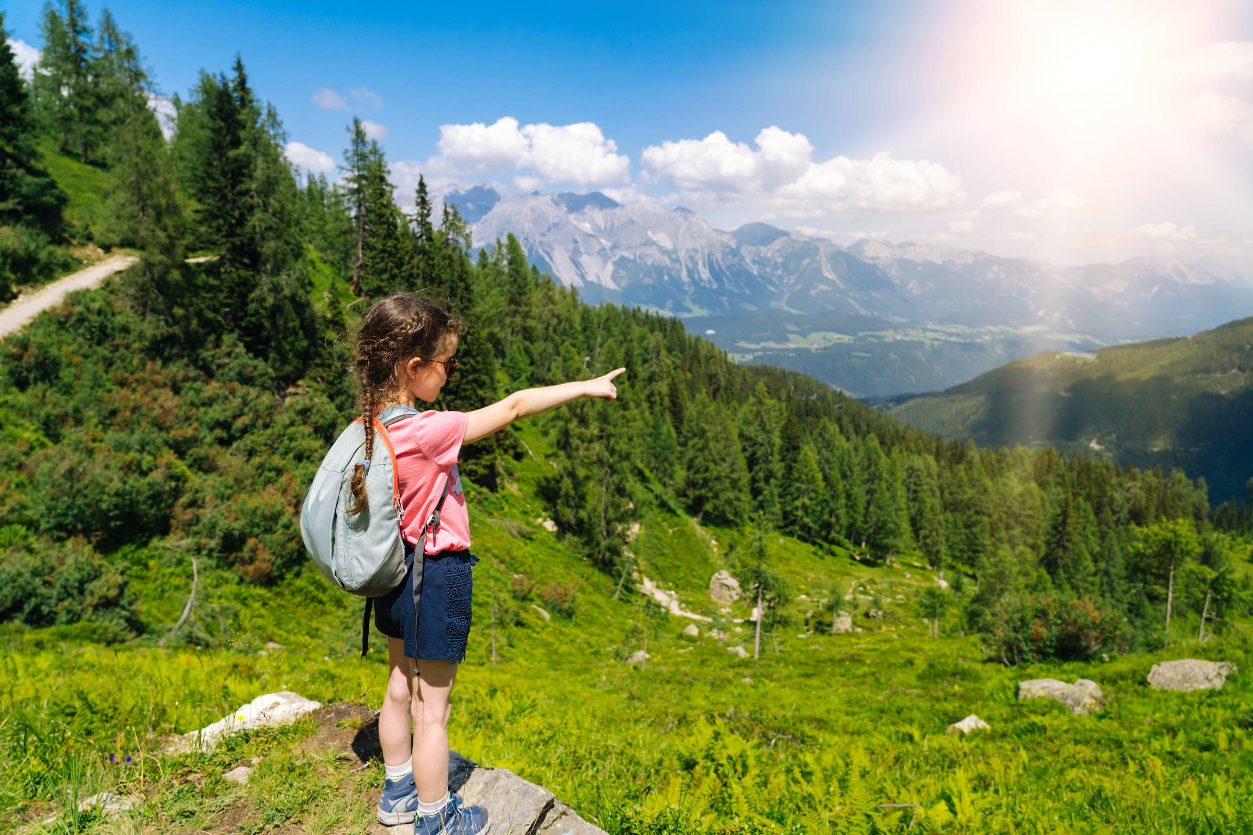 Children Hiking On Beautiful Summer Day In Alps Mountains Austria Resting