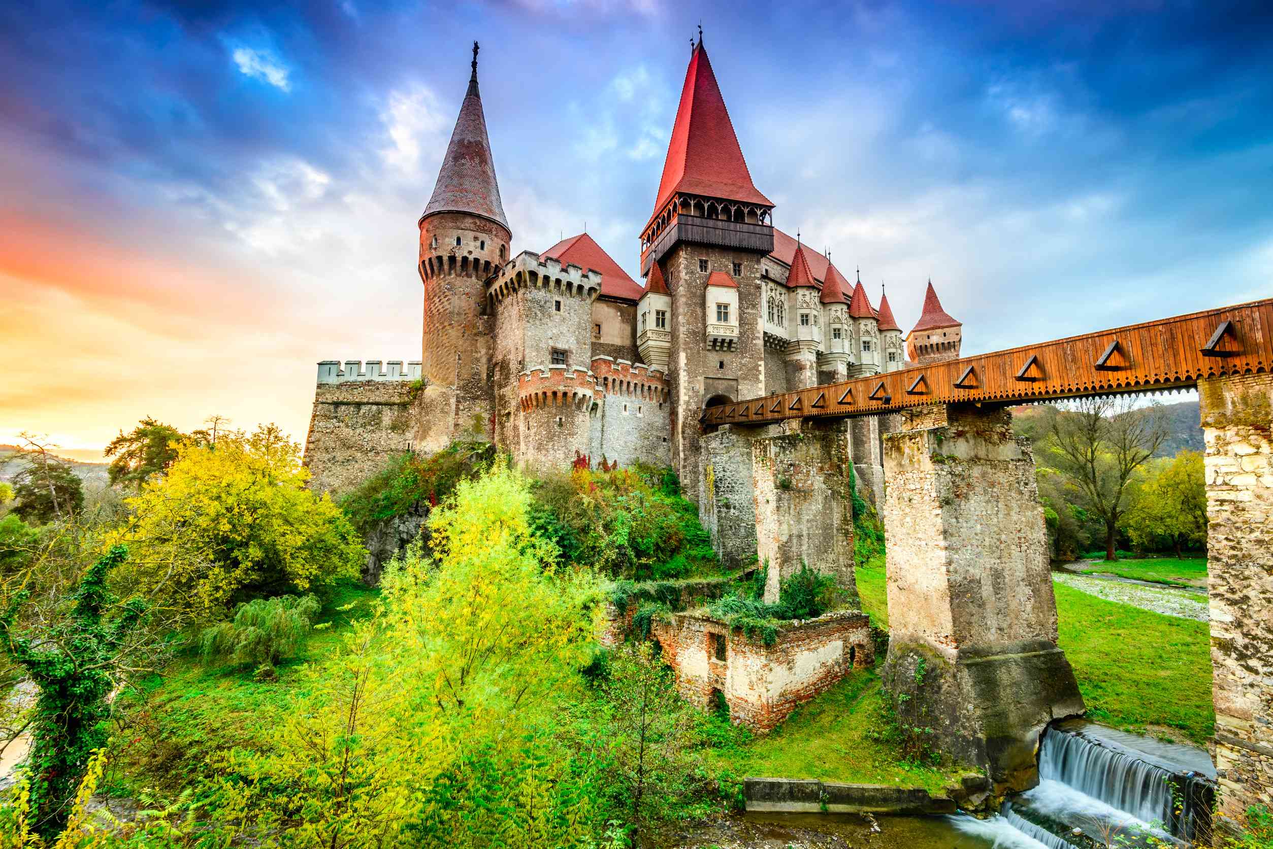 Panorama Of The Corvin Castle With Wooden Bridge Hunedoara Transylvania