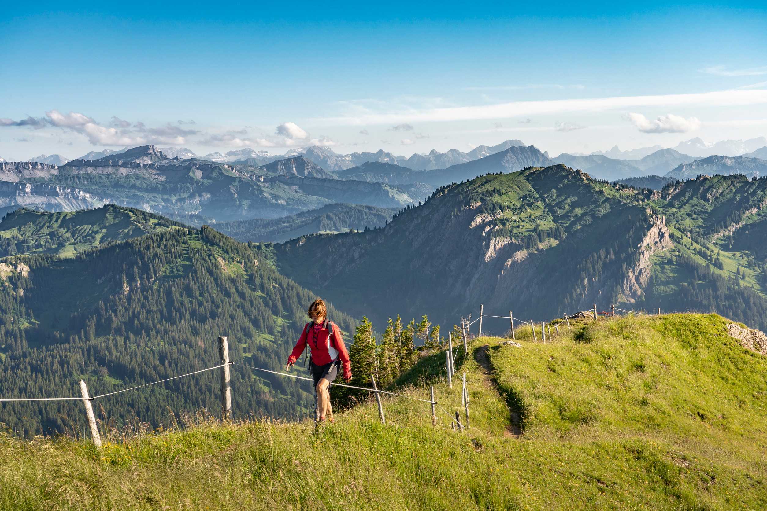 Pretty Senior Woman Hiking In The Early Evening In Warm Dawn Light On The Ridge