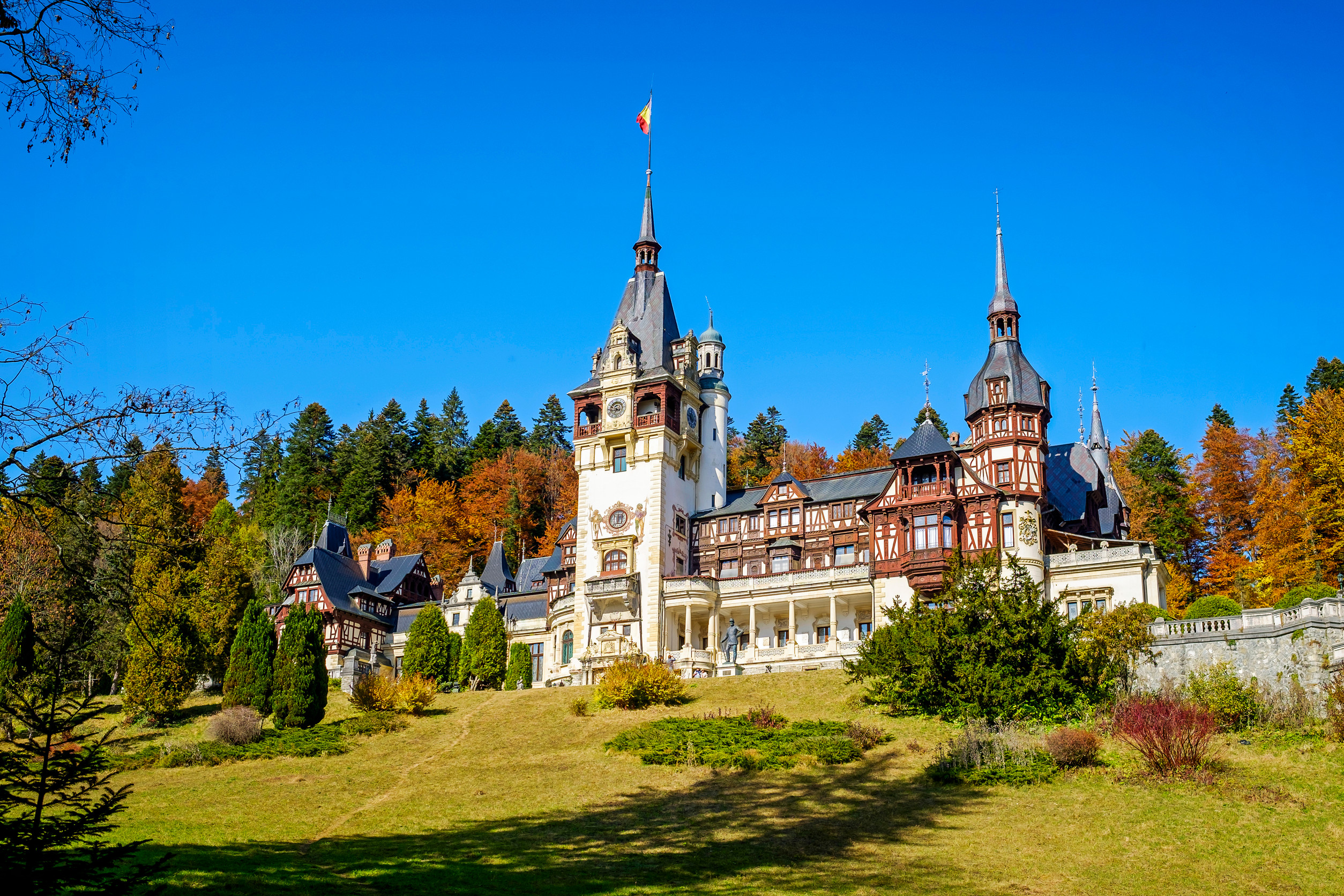 Peles Castle in a cloudy day of winter, the most famous royal castle of Romania, Romanian landmark