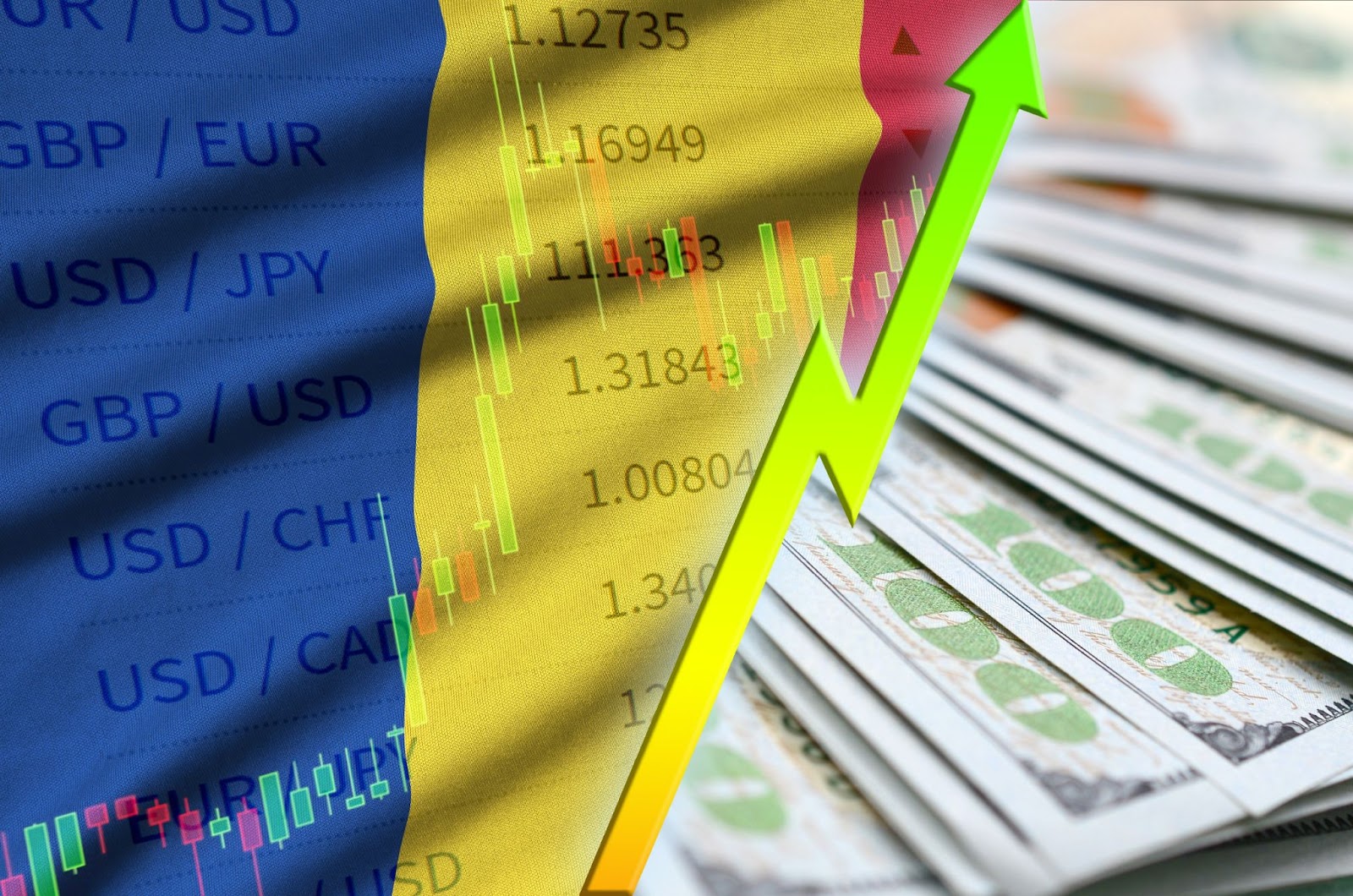 Romania flag and chart growing US dollar position with a fan of dollar bills. Concept of increasing value of US dollar currency’