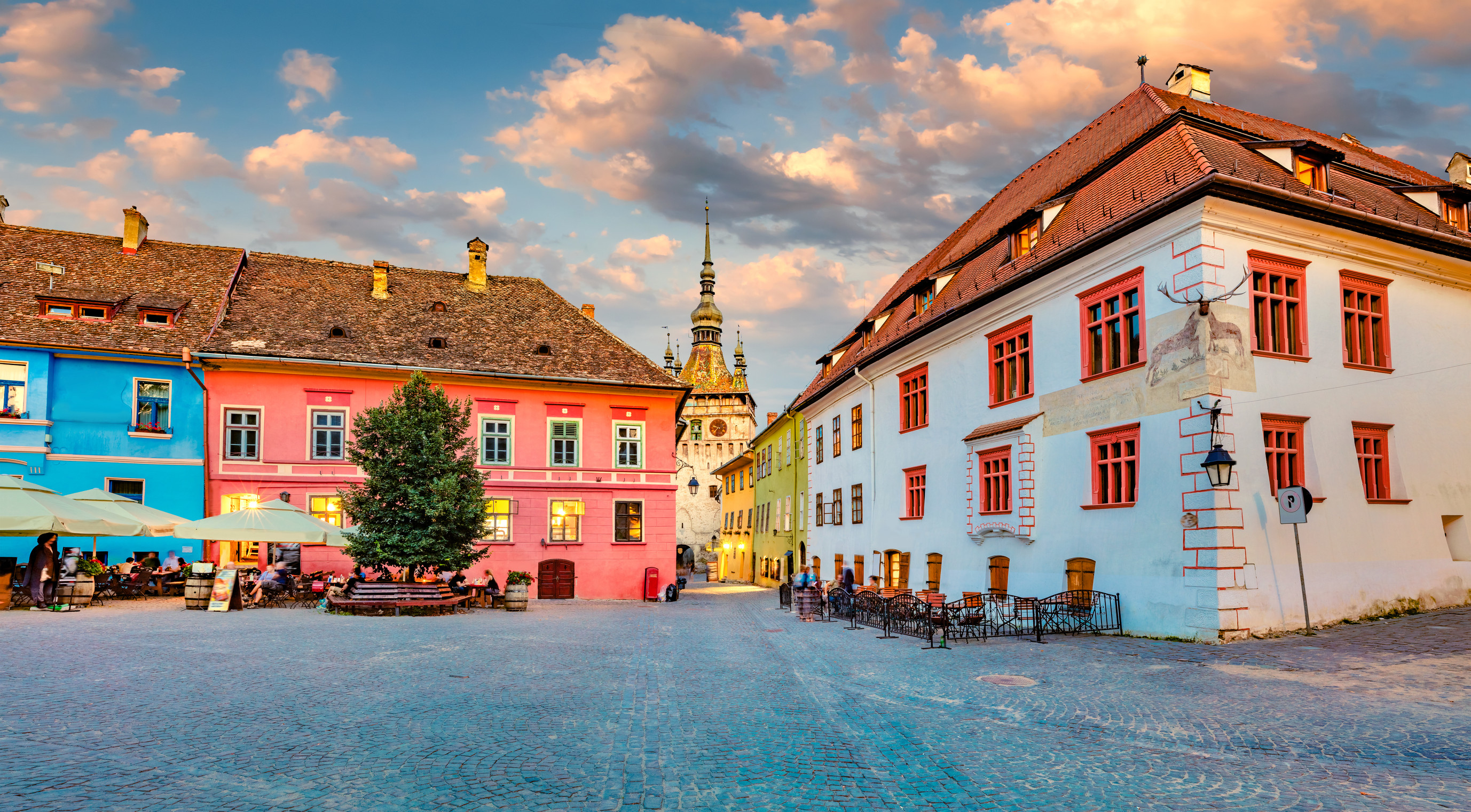 Beautiful view of colorful houses and Tower Clock Turnul cu ceas in Sighisoara citadel